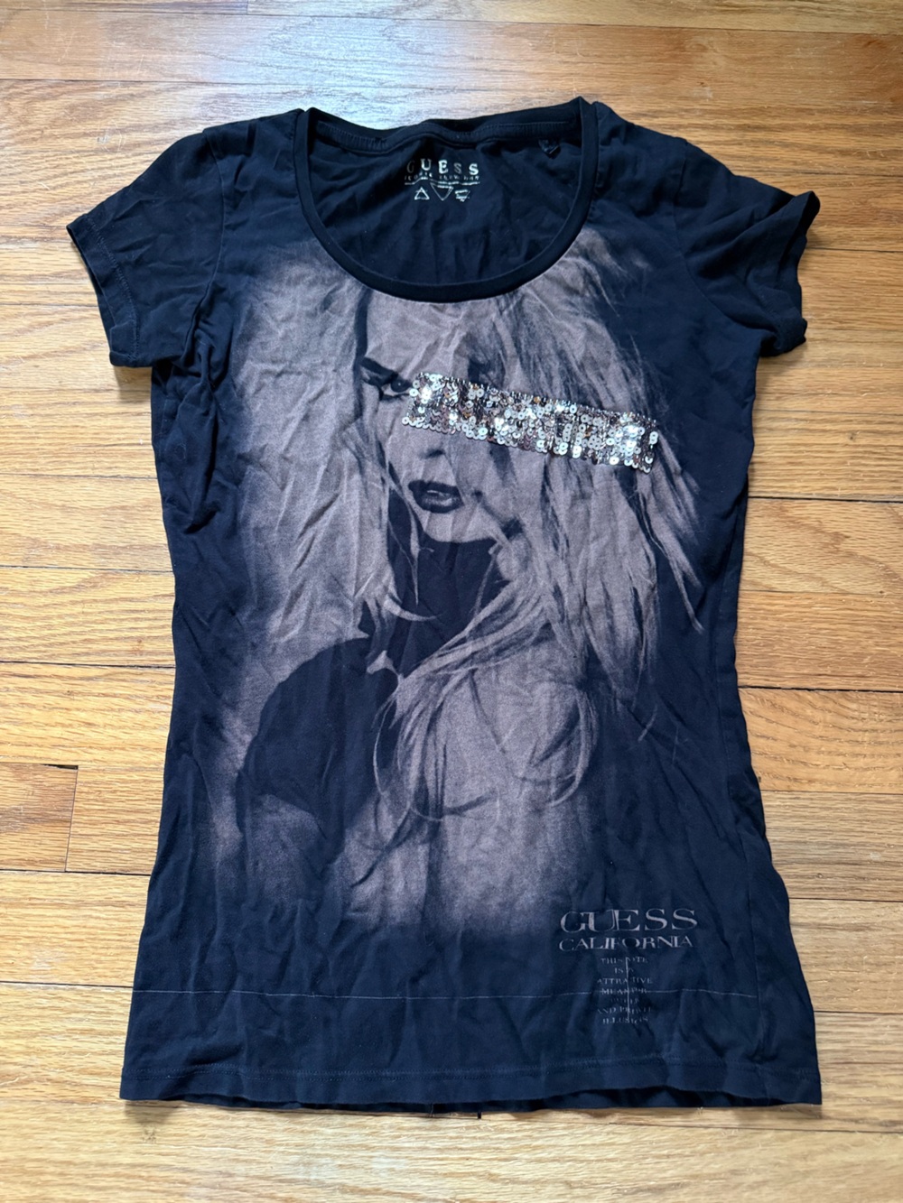 vintage 2000s GUESS Black Graphic Sequin-Trim Tee